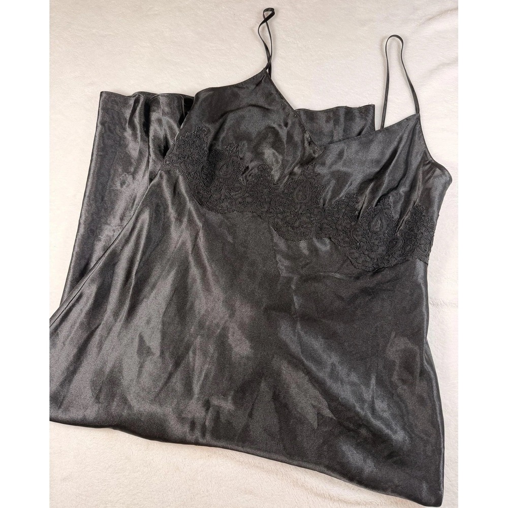 Jones New York Gown Womens Large Black Satin Embroidered Chemise Nightgown
